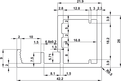 Khung kính nhôm, Thanh H02, 26 x 42,2 mm, để cố định kính với miếng đệm trong suốt, Mã số 563.58.943