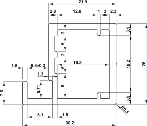 Khung kính nhôm, Thanh S02, 26 x 30,2 mm, 7.5 mm lộ ra, để cố định kính với miếng đệm trong suốt, Mã số 563.58.933