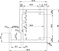 Khung kính nhôm, Thanh S02, 26 x 30,2 mm, 7.5 mm lộ ra, để cố định kính với miếng đệm trong suốt, Mã số 563.58.333